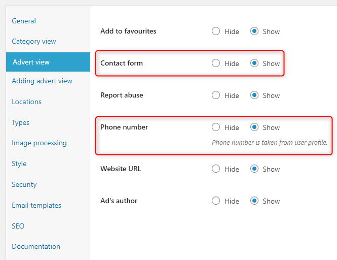 Disable phone number and contact form WordPress claassifieds plugin