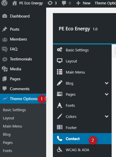 Open your WordPress admin panel and navigate to “Theme Options” -> “Contact.”