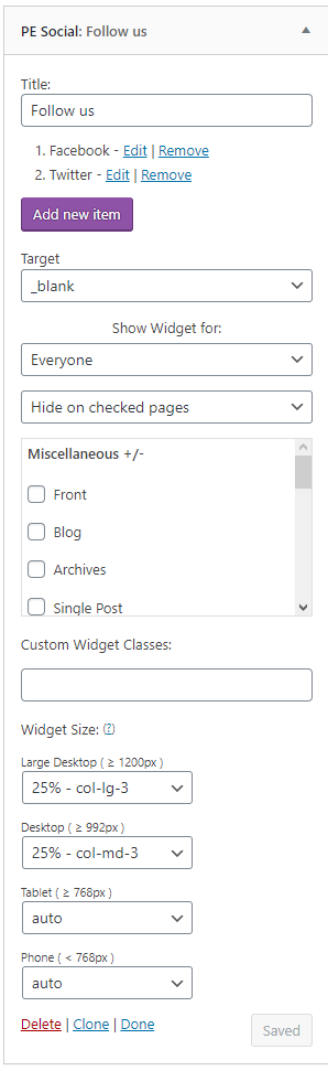 PE Social Icons widget settings wordpress