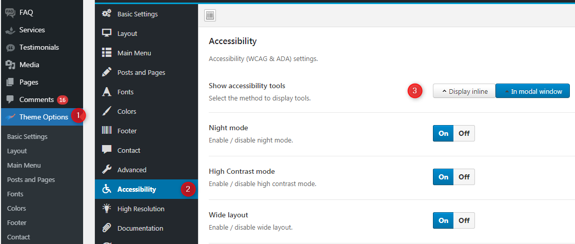 wordpress theme show accessibility tools in a modal window or display them inline