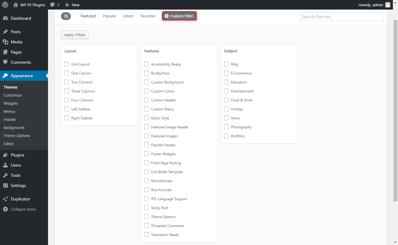 wordpress.org. Click on Feature Filter and you will see filters that can help you find the desired theme.